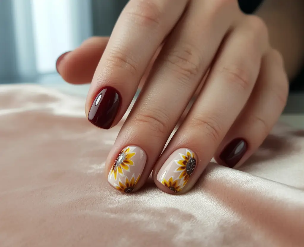 fall-manicure-2025-Sunflower-Accents-with-Burgundy-Depth