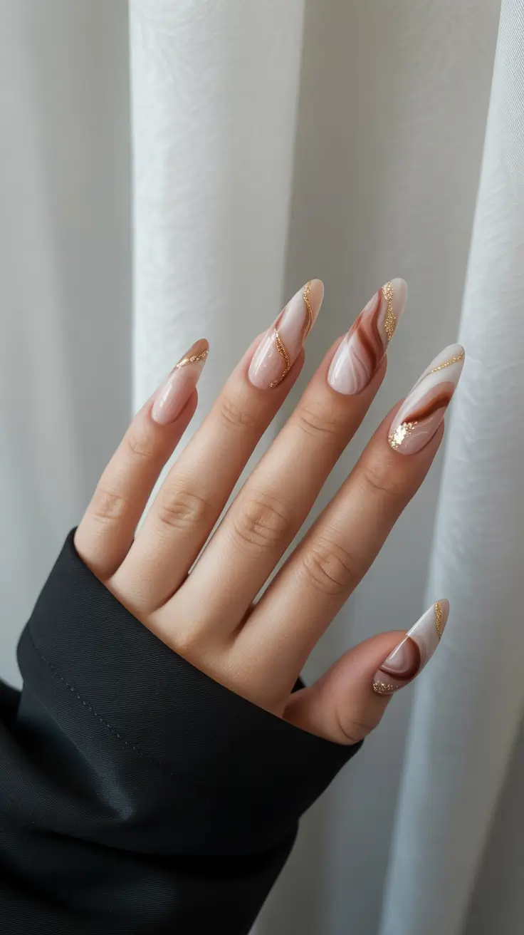 Fall Marble Nails 2025 Golden Veins on Almond Tips