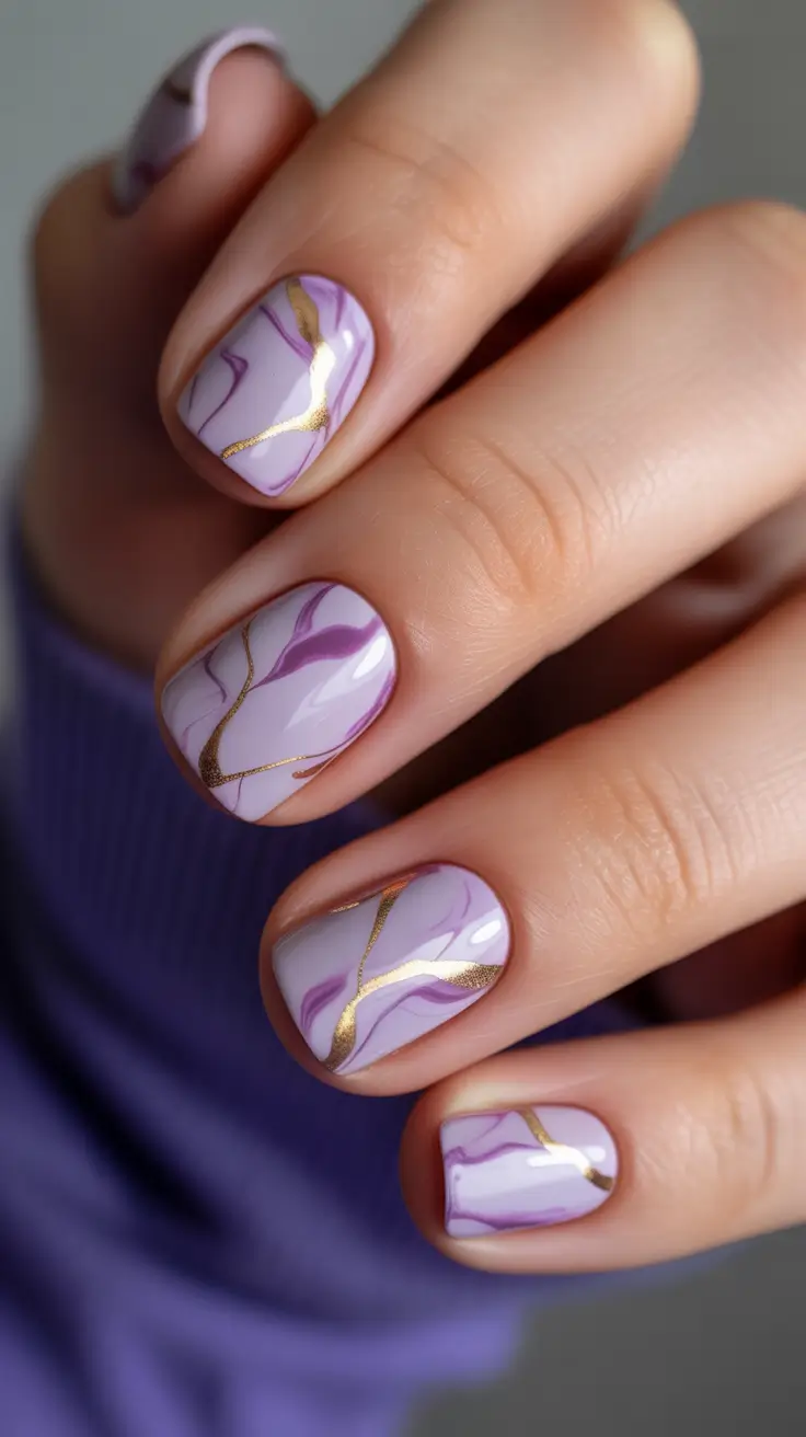 Fall Marble Nails 2025 Lavender Gold Accents