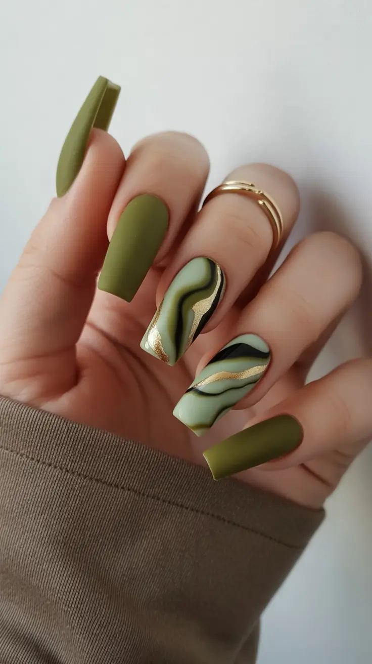 Fall Marble Nails 2025 Matte Olive with Golden Rivers