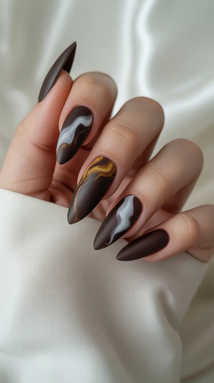 Fall Marble Nails 2025 Matte Espresso with Marble Ribbons