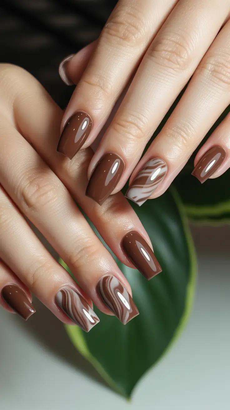 Fall Marble Nails 2025 Glossy Cocoa with Modern Accents