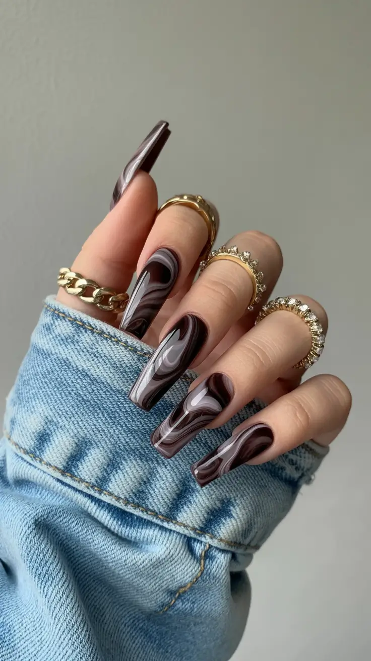 Fall Marble Nails 2025 Dark Espresso Coffin Nails