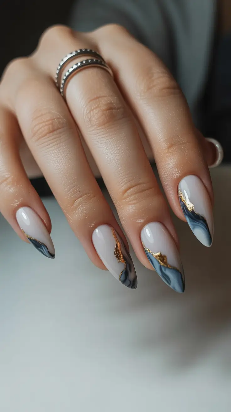 Fall Marble Nails 2025 Stormy Blue with Golden Highlights