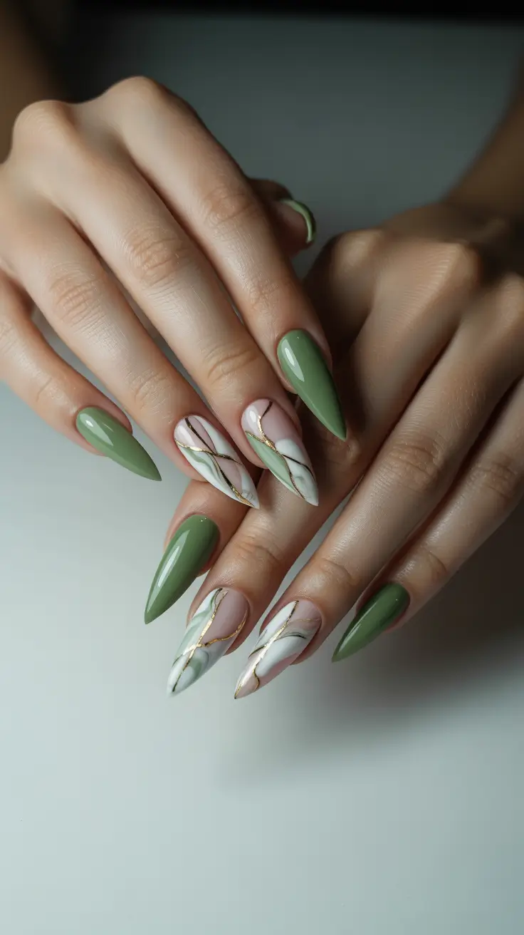Fall Marble Nails 2025 Olive Green with Golden Marble Lines