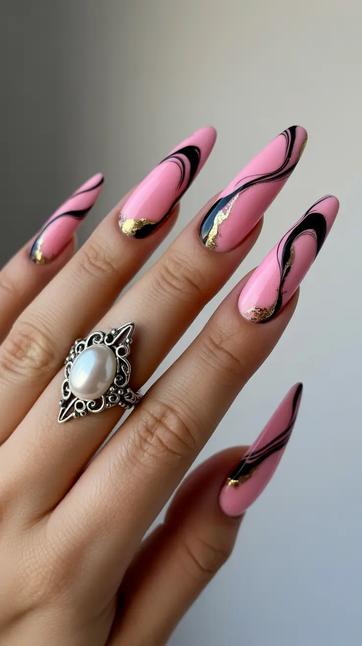 Fall Marble Nails 2025 Playful Pink with Bold Black Swirls