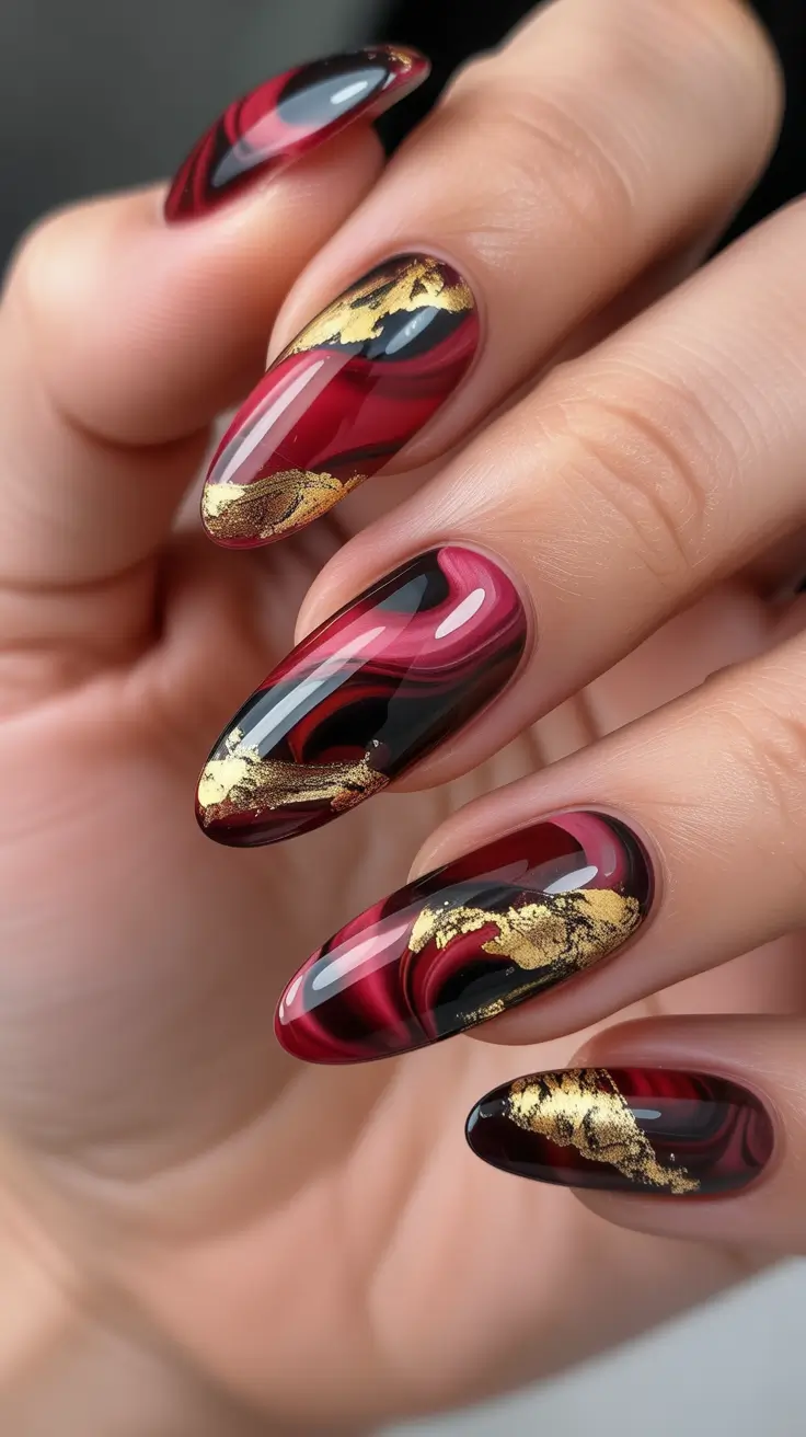 Fall Marble Nails 2025 Deep Red Marble with Gold Foil