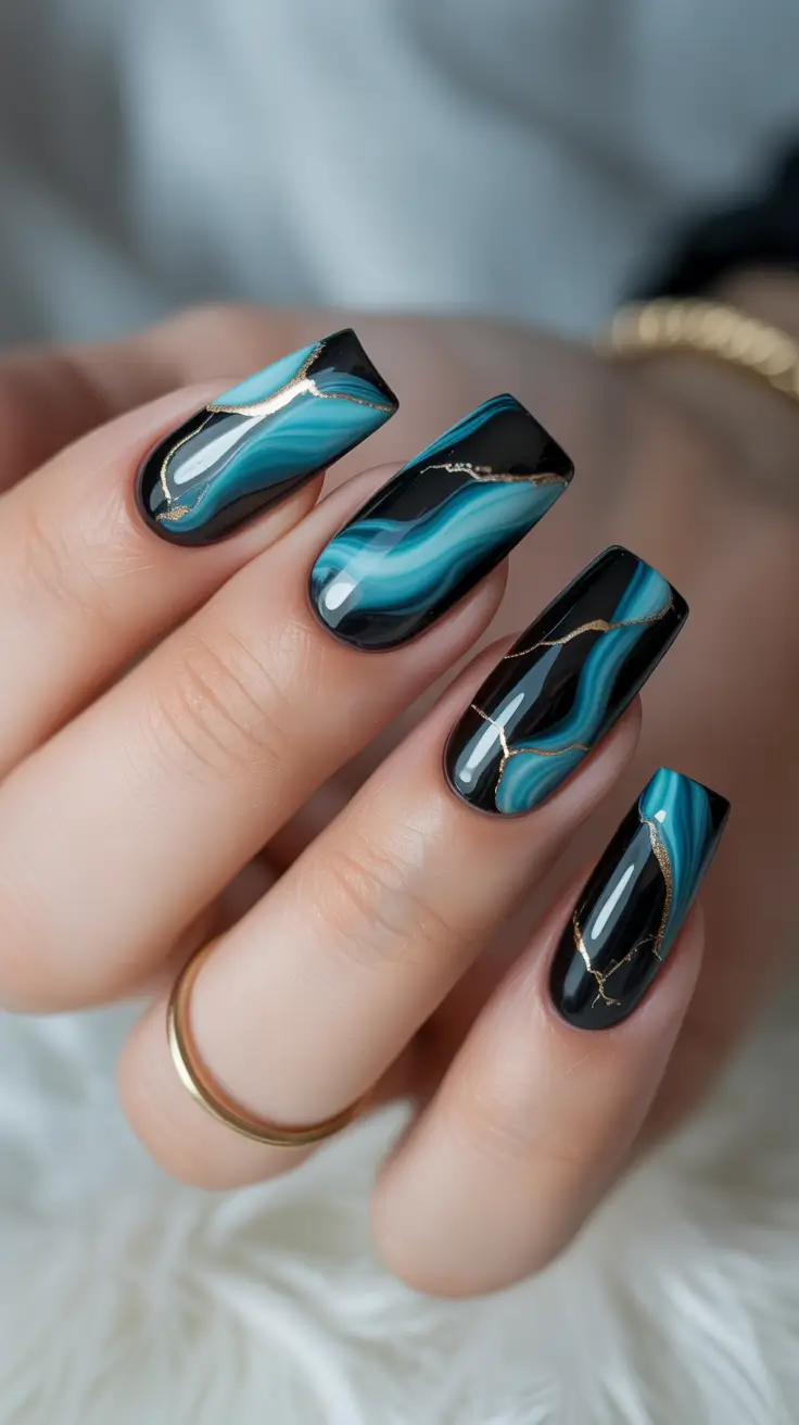 Fall Marble Nails 2025 Blue Marble Coffin Nails with Golden Veins