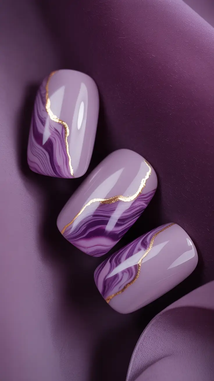 Fall Marble Nails 2025 Soft Purple Marble with Gold Detailing