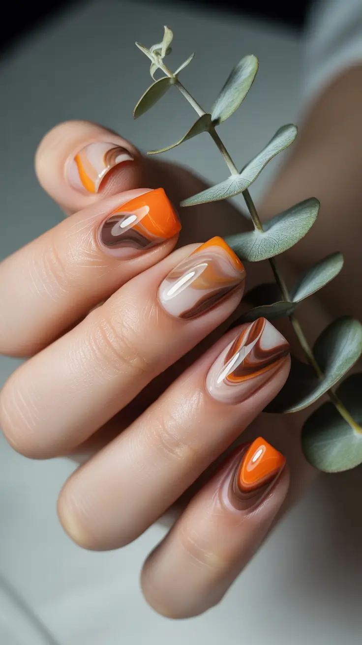 Fall Marble Nails 2025 Amber Swirls with a Pop of Orange