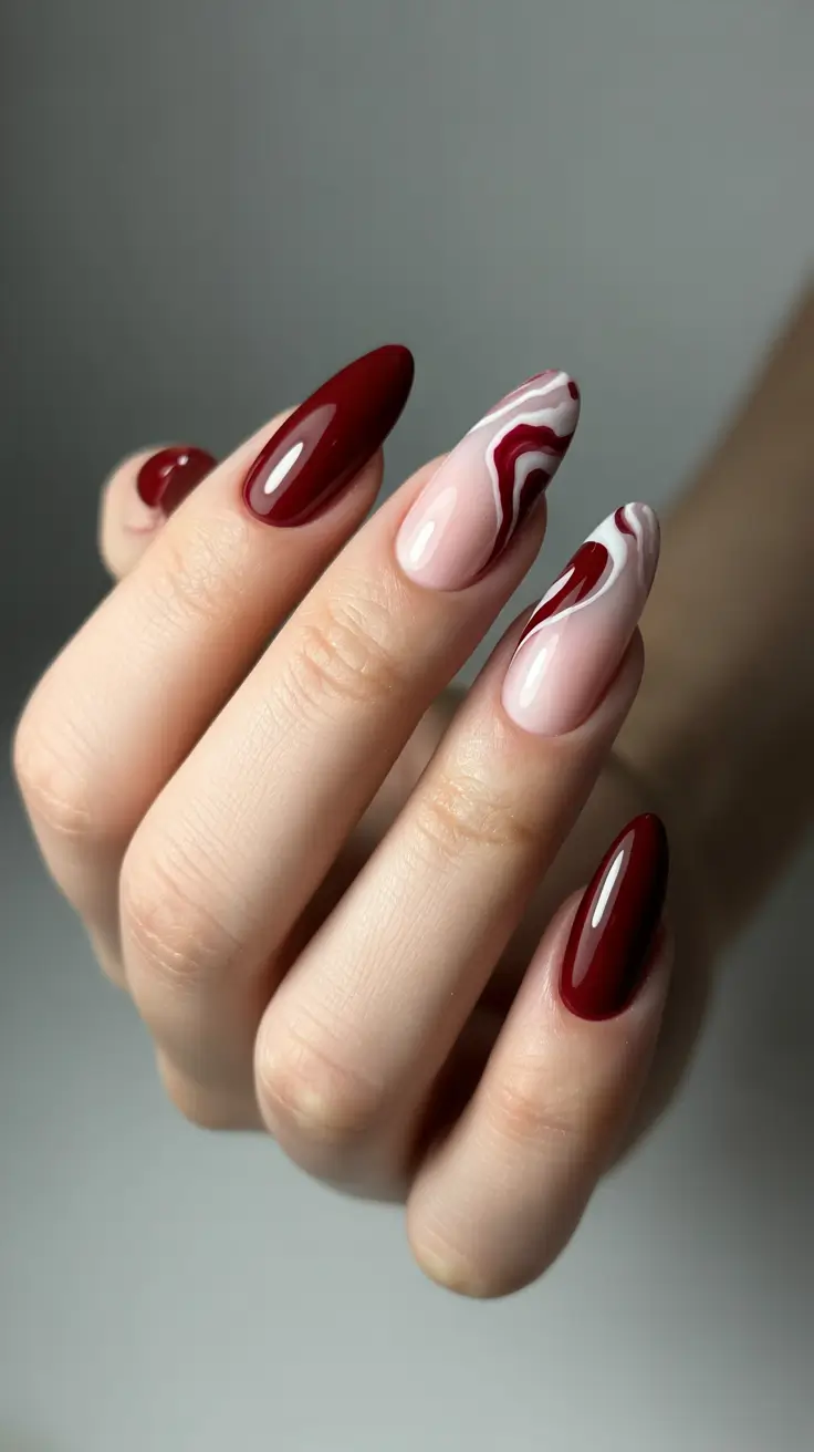 Fall Marble Nails 2025 Deep Crimson Marble Elegance