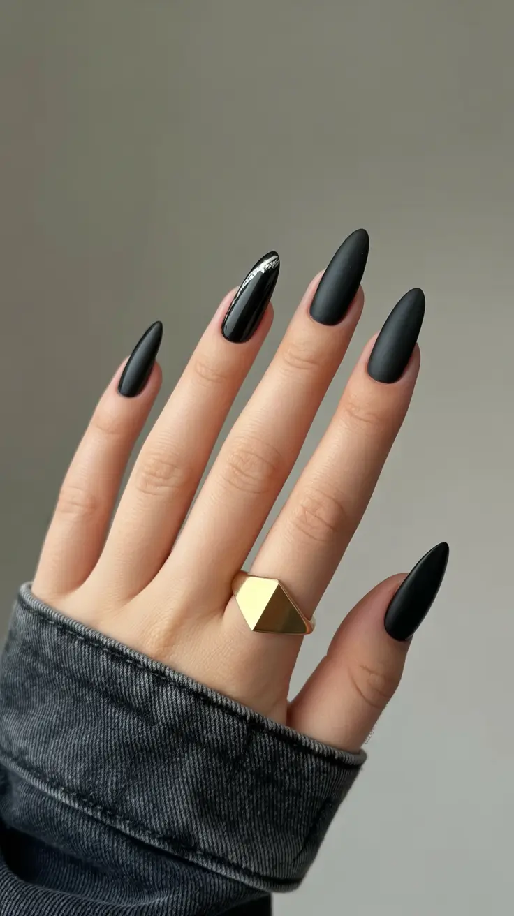 fall nails 2025 color trends Matte Black with Glossy Detail