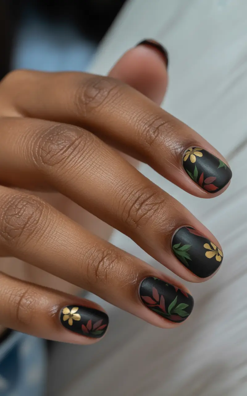 fall-nails-2025-color-trends-Matte-Florals-on-Short-Square-Nails