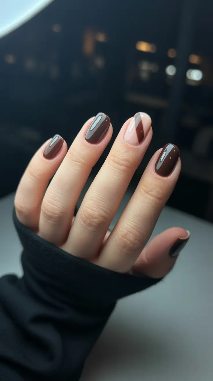 fall-nails-2025-color-trends-Glossy-Chocolate-with-Geometric-Detail