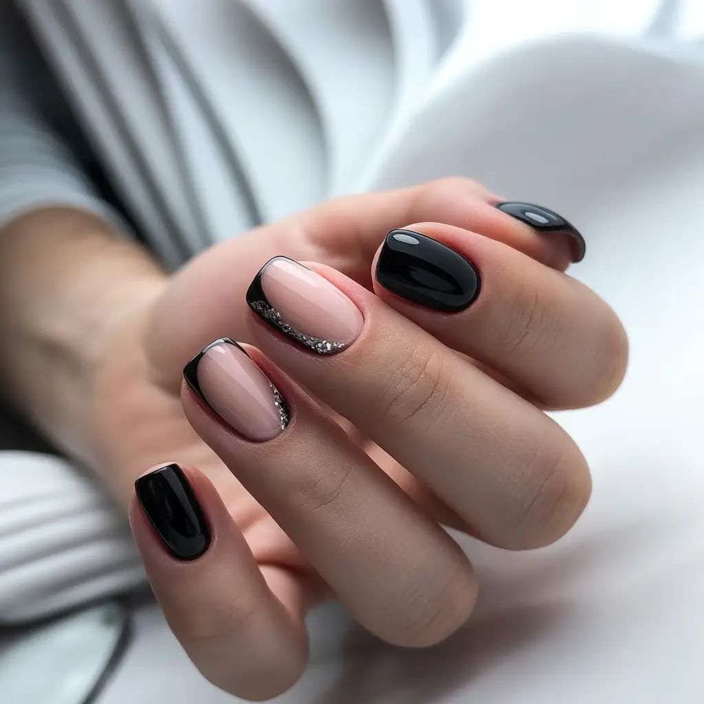 fall-nails-2025-color-trends-Black-French-with-Glitter-Edge