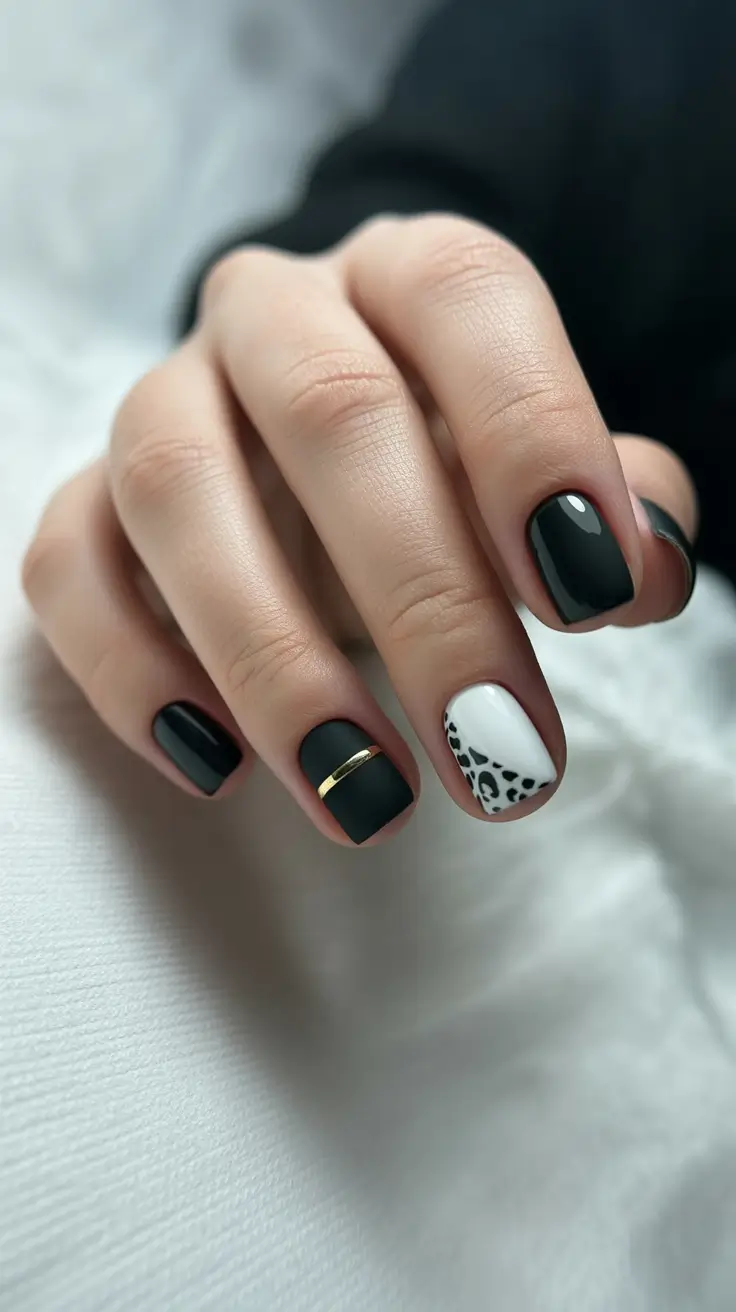 fall-nails-2025-color-trends-Matte-Black-with-Animal-Print-Accent