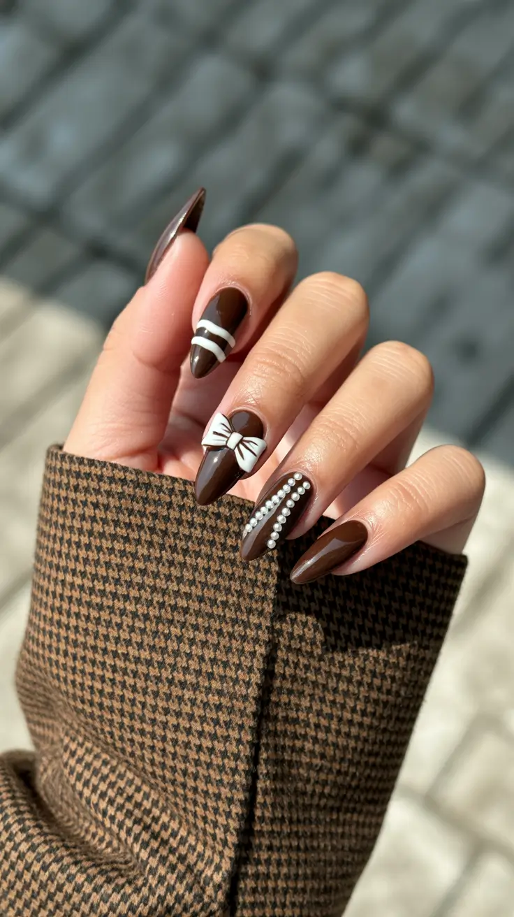 fall-nails-2025-color-trends-Chocolate-Bows-and-Pearl-Accents