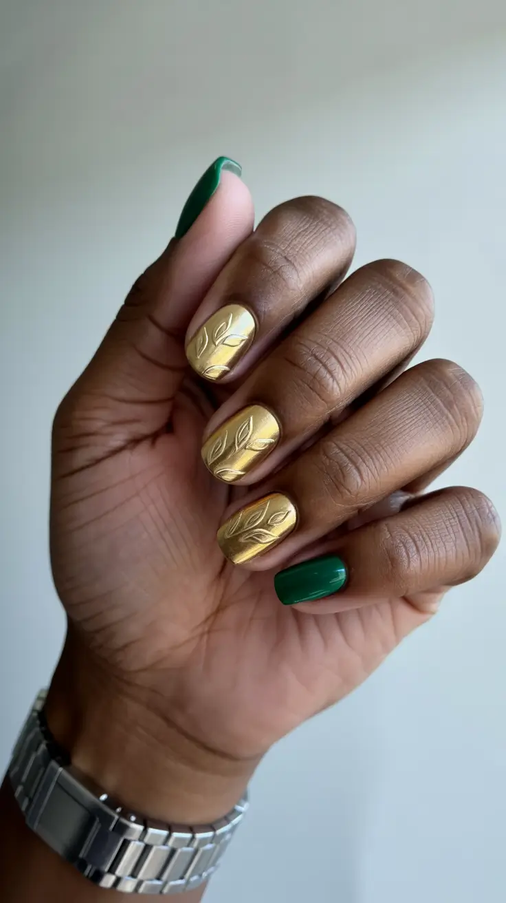 fall nails 2025 color trends Golden Leaf Embossed Design with Green Contrast