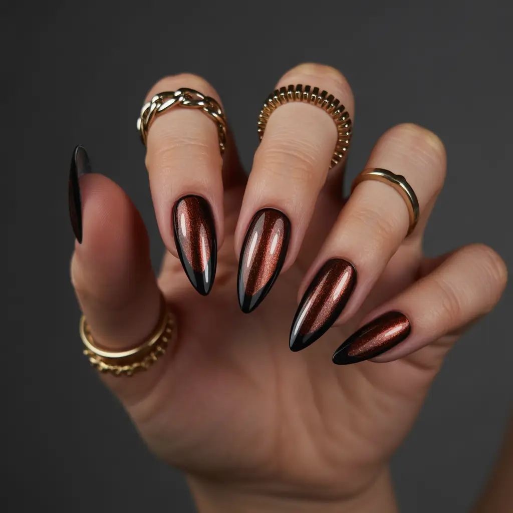 fall nails 2025 color trends Bronze Chrome with Black French Tips