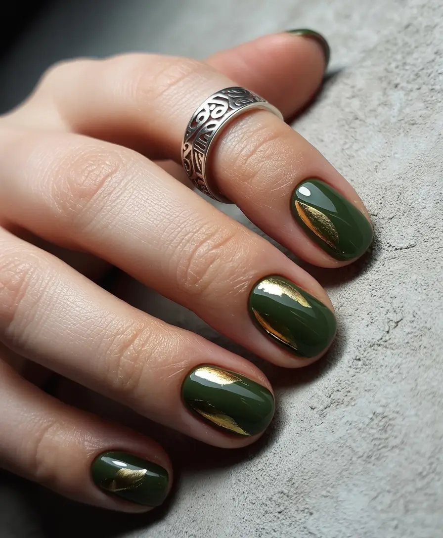 fall nails art ideas 2025 Forest Green with Golden Touch