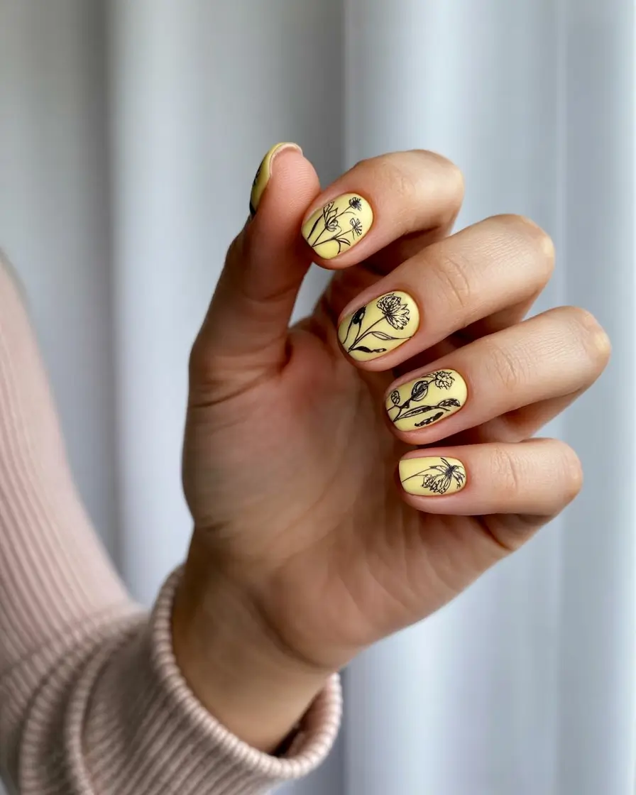 fall nails art ideas 2025 Matte Yellow with Black Botanicals