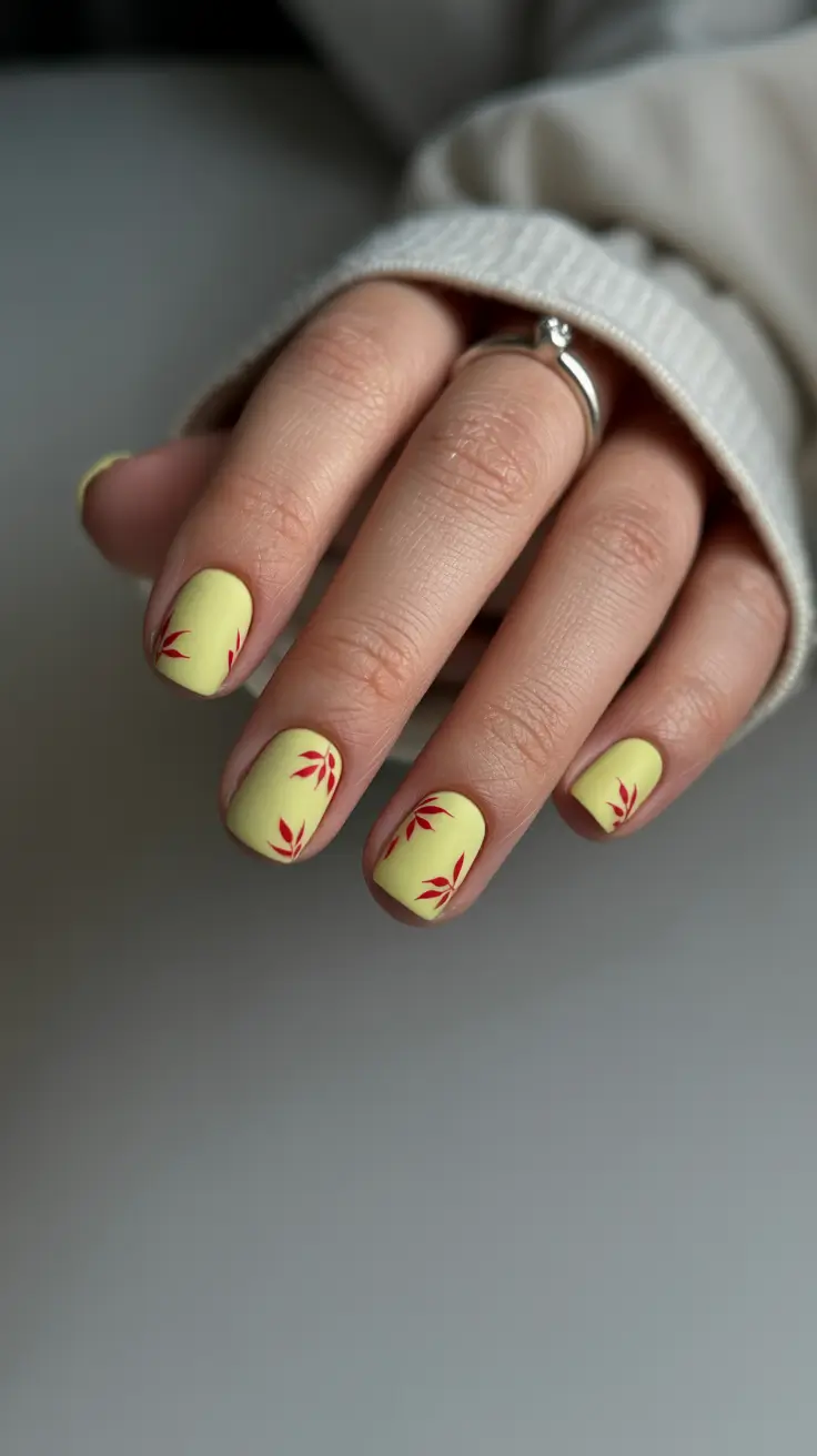 fall nails art ideas 2025 Muted Yellow with Red Leaf Accents