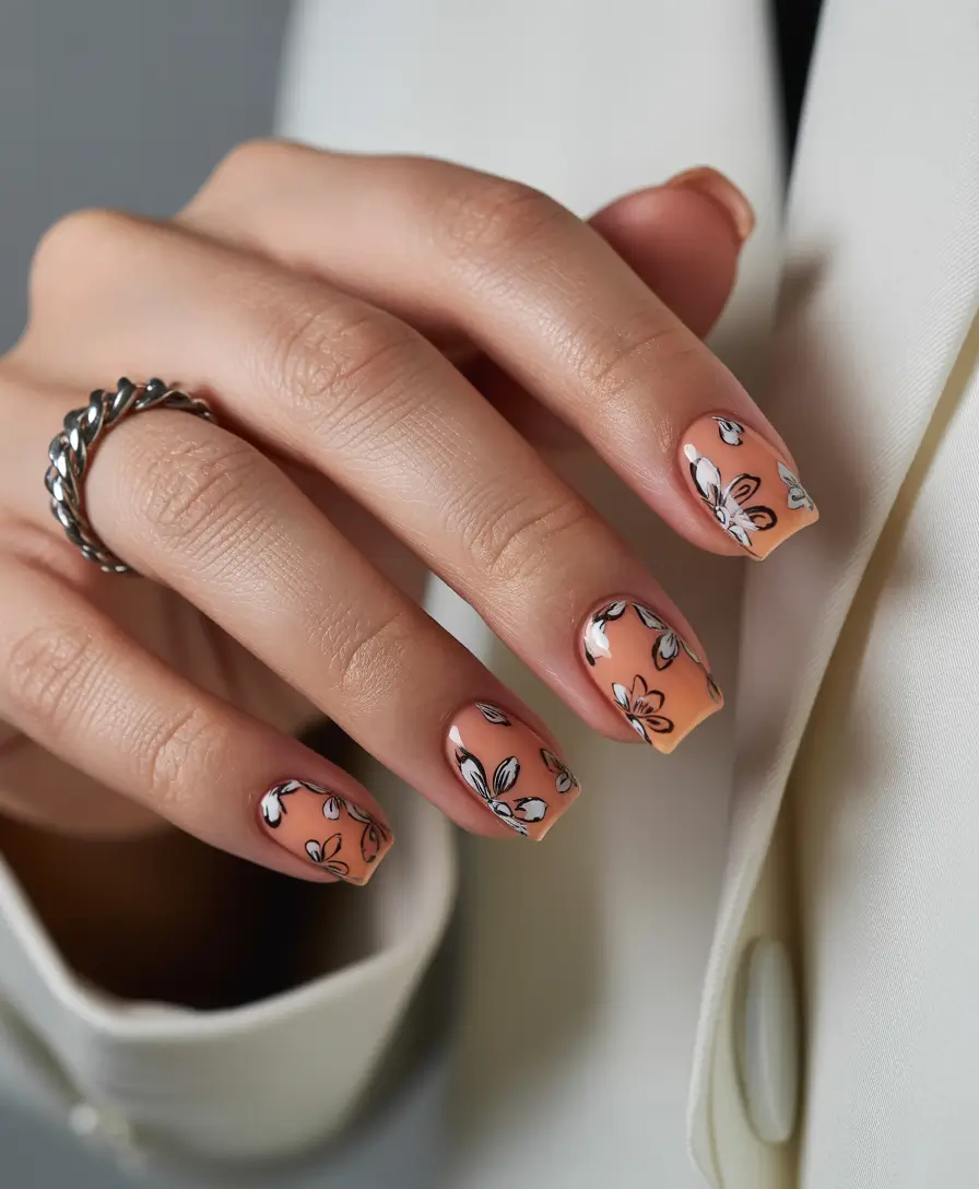 fall nails art ideas 2025 Terracotta Gradient with White Florals