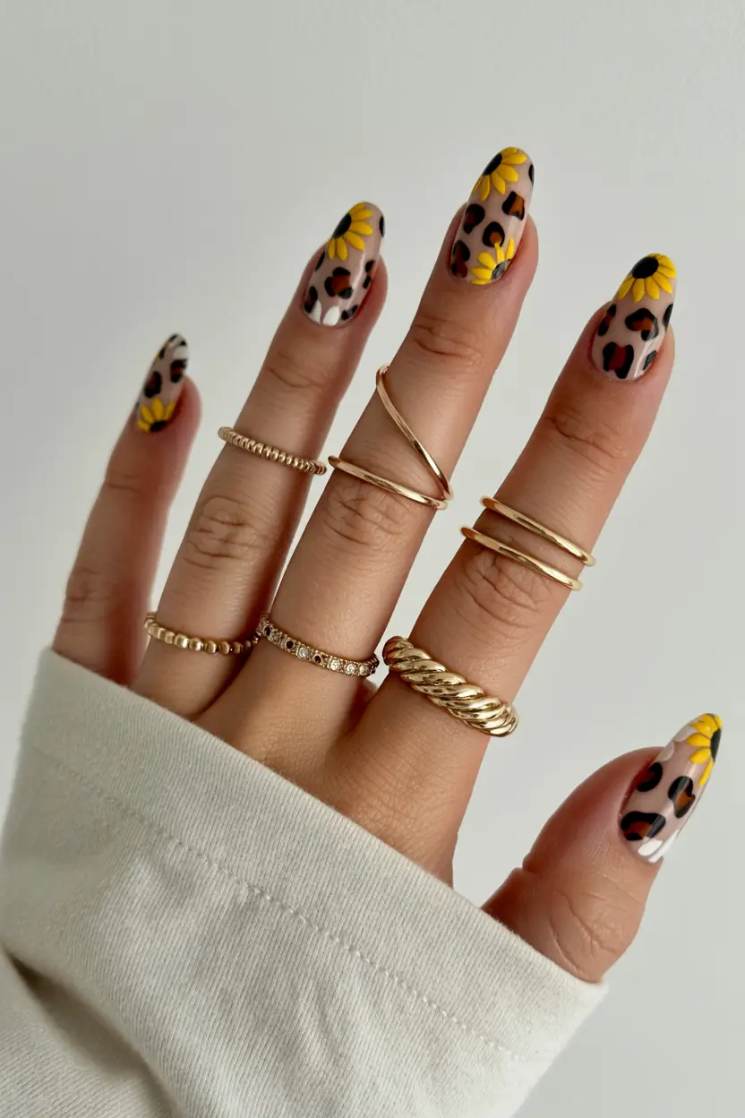 fall nails art ideas 2025 Leopard Print with Sunflower Accents