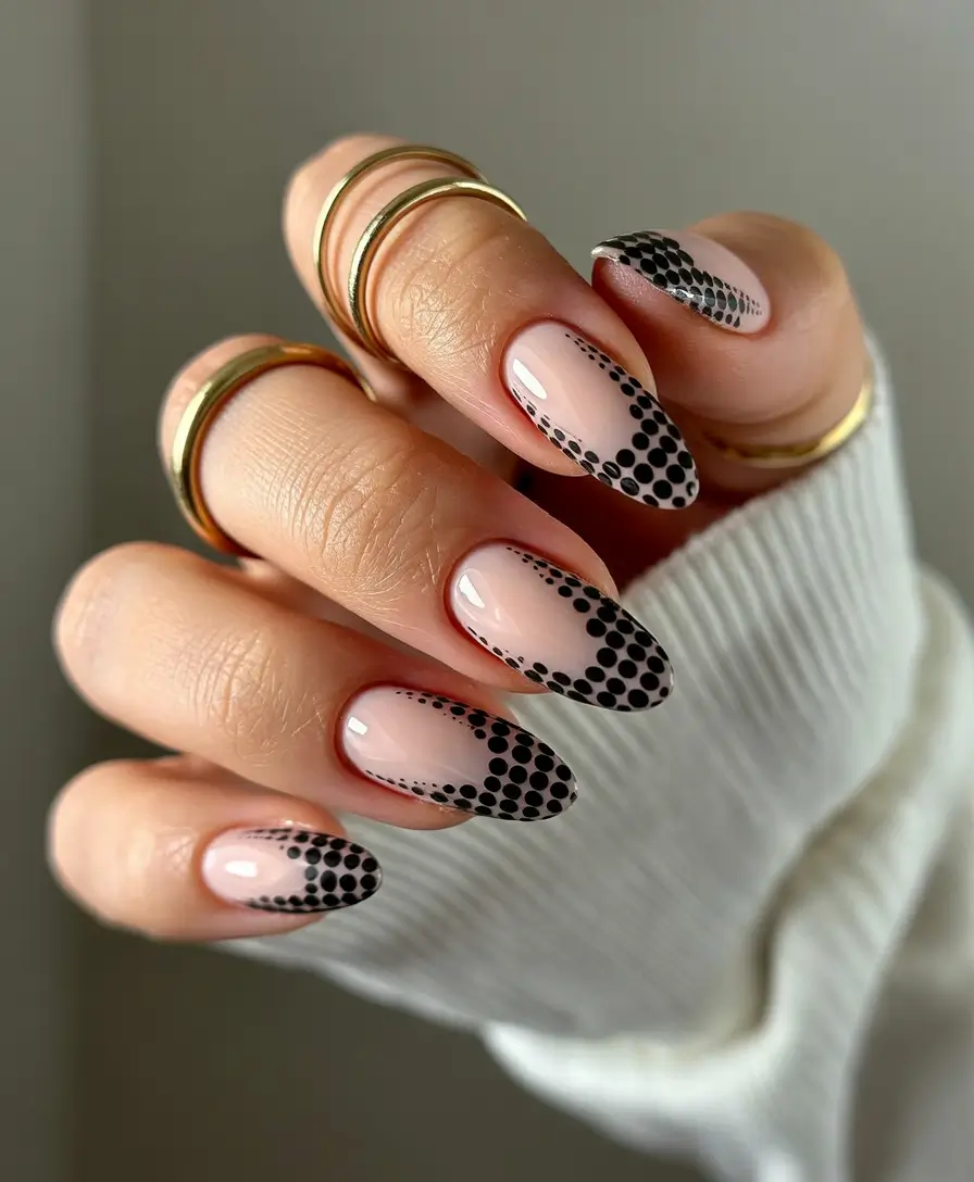 fall nails art ideas 2025 Black Polka Dot French