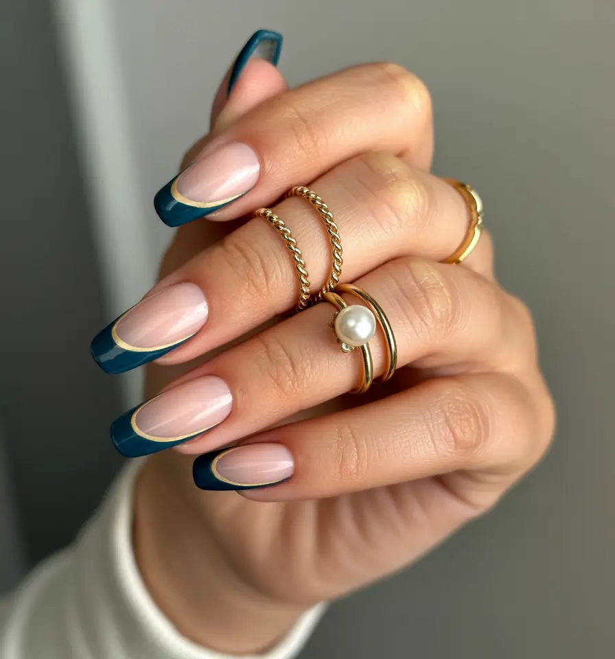 fall nails art ideas 2025 Deep Teal French with Golden Accents
