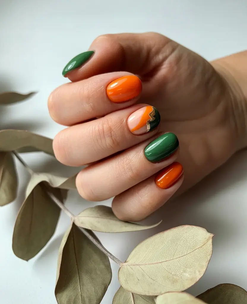 fall nails art ideas 2025 Modern Contrast in Deep Green and Pumpkin Orange