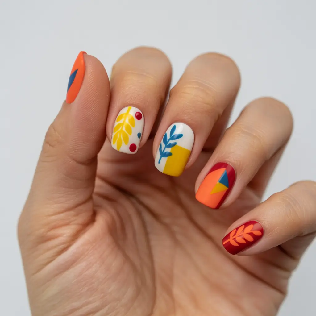 fall nails art ideas 2025 Playful Graphic Botanicals in Autumn Tones