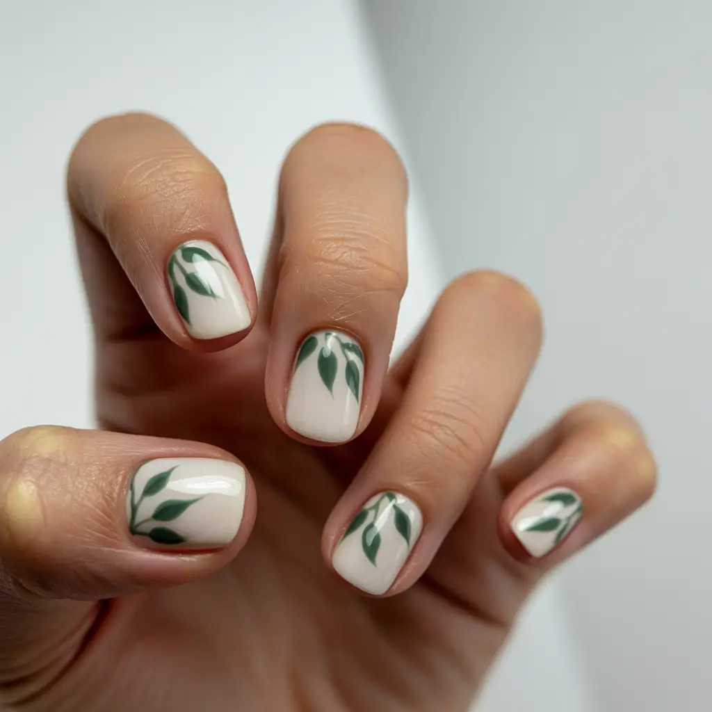 fall nails art ideas 2025 Minimalist Leaves on a Cream Base