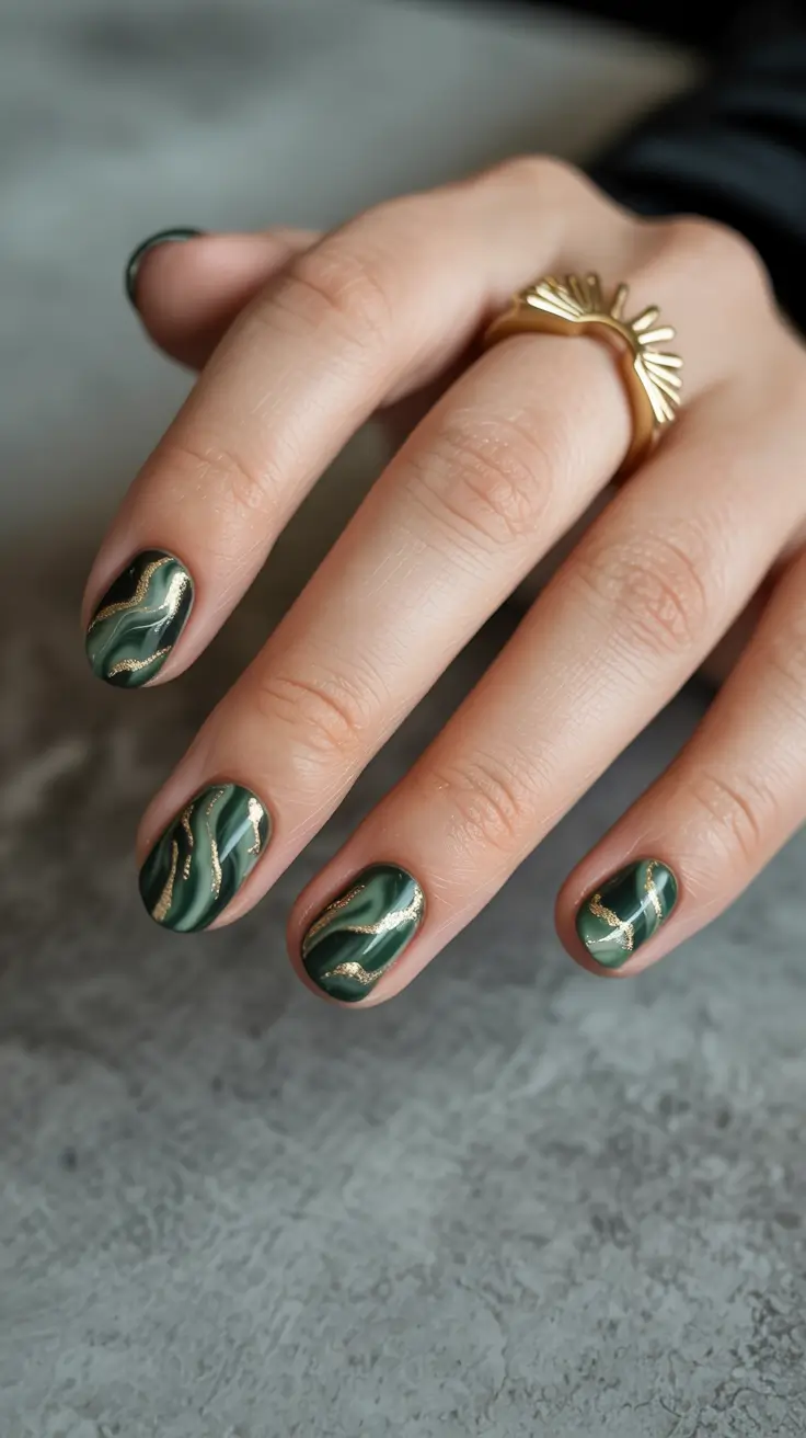 fall nails art ideas 2025 Marble Swirls with Gold Veins