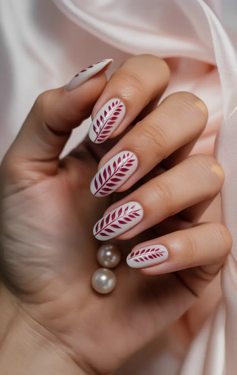 fall nails art ideas 2025 Chic Burgundy Leaf Motifs on Ivory
