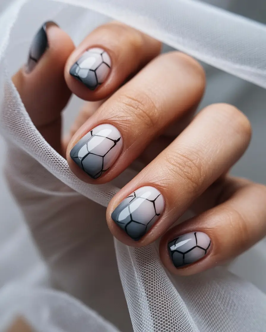 fall nails art ideas 2025 Monochrome Geometry with Gradient Depth
