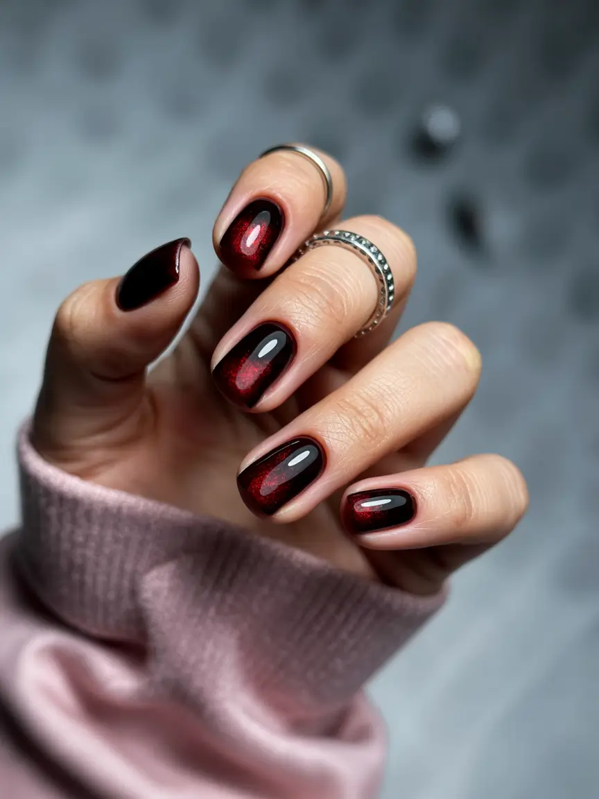 fall nails art ideas 2025 Deep Red Cat-Eye Glow