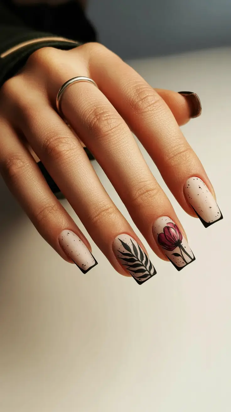 fall nails art ideas 2025 Minimalist Botanical French