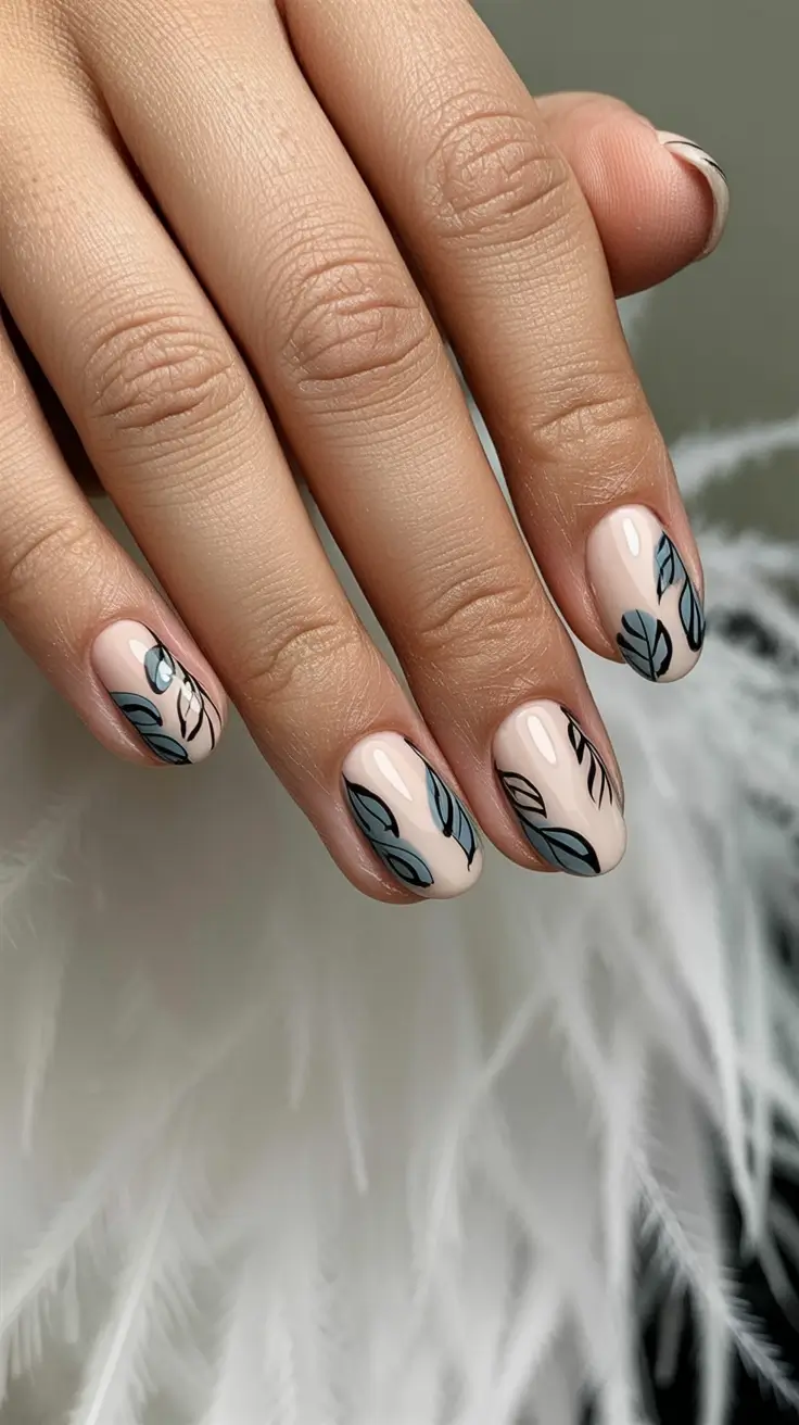 fall nails art ideas 2025 Soft Nude with Leafy Accents