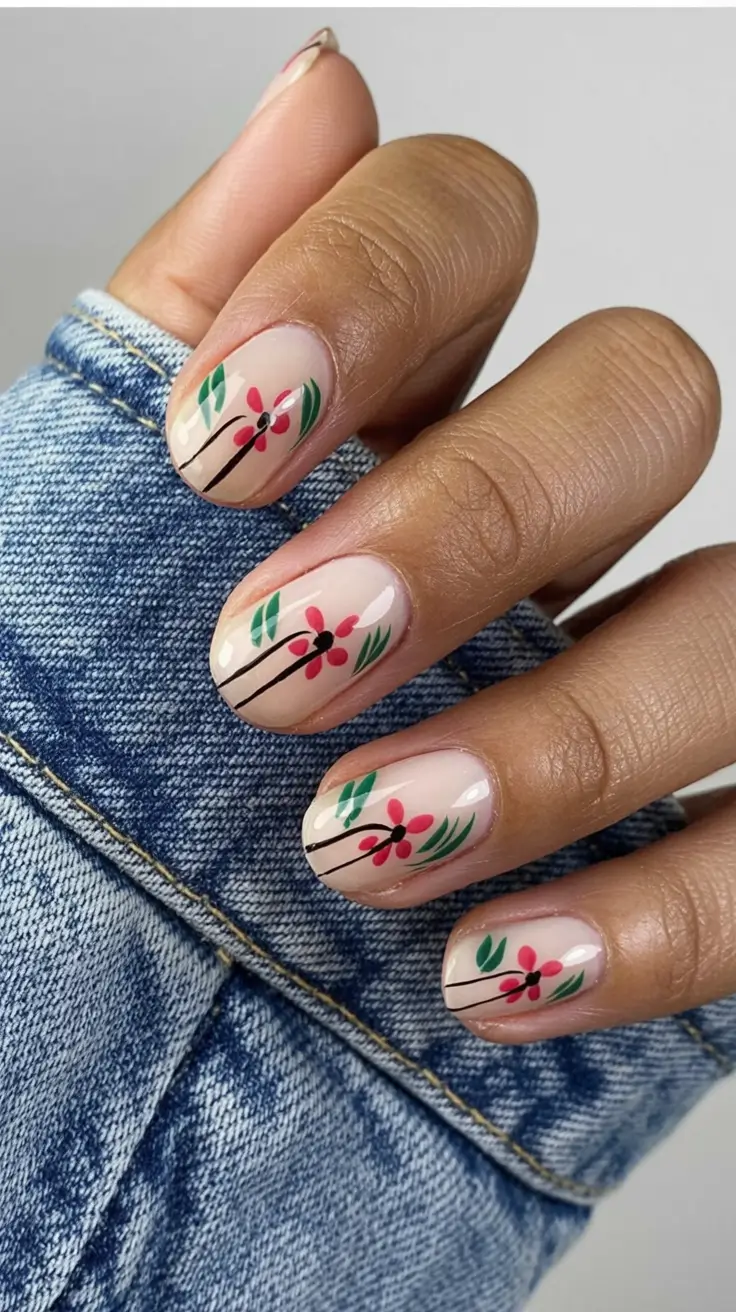 fall nails art ideas 2025 Playful Floral on Nude Base