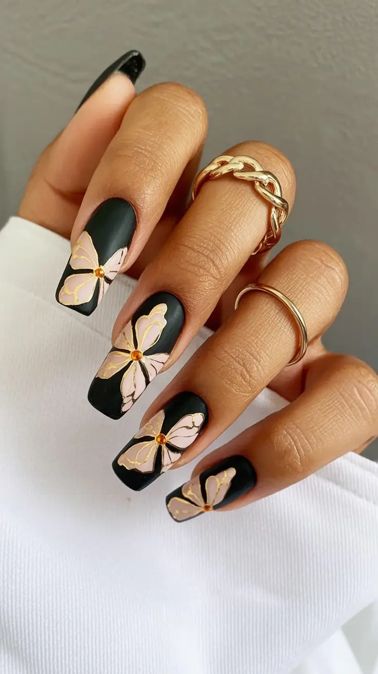 fall nails art ideas 2025 Matte Black with Golden Butterflies