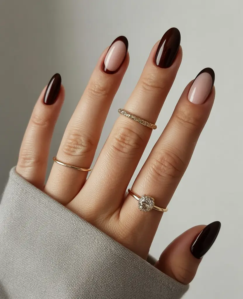 fall nails oval shape Chic Contrast in Deep Cocoa