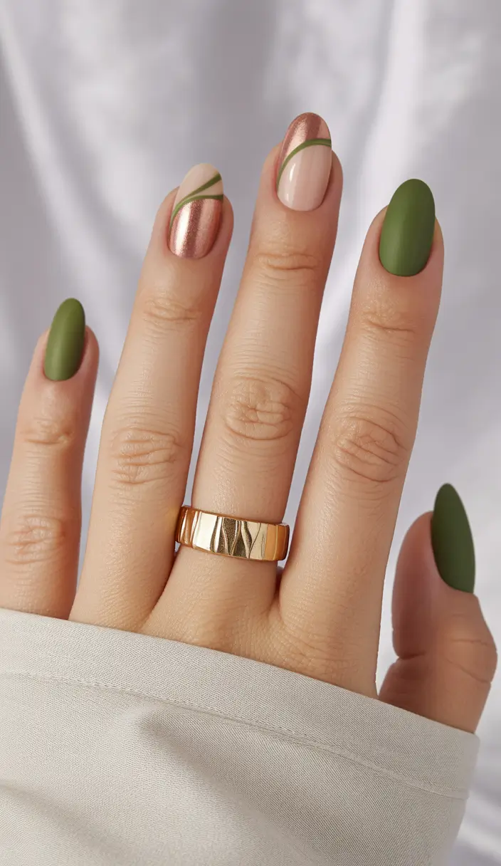 fall nails oval shape Earthy Green Meets Copper Chic