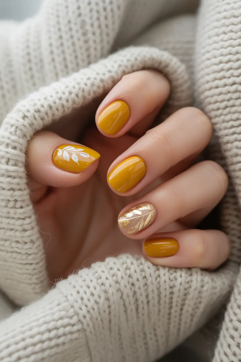 fall nails oval shape Golden Mustard With a Touch of Whimsy