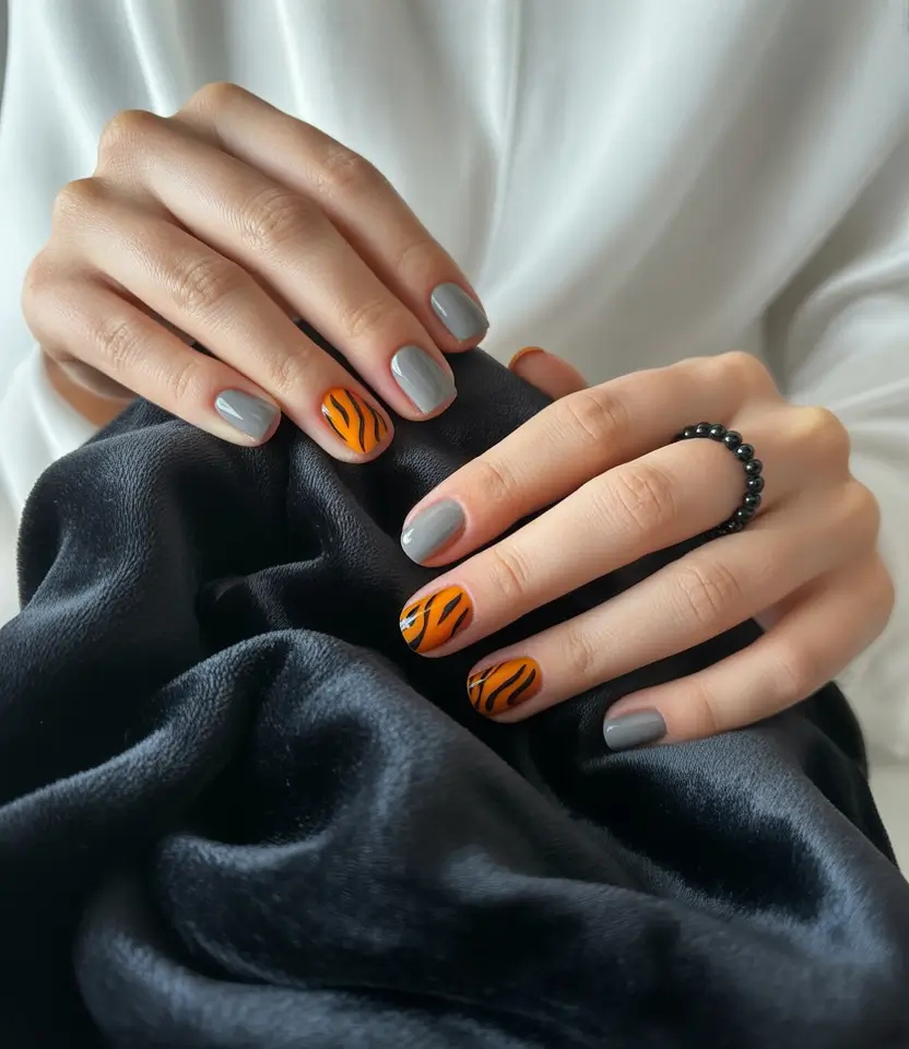 fall nails oval shape 2025 Tiger Stripe Realness