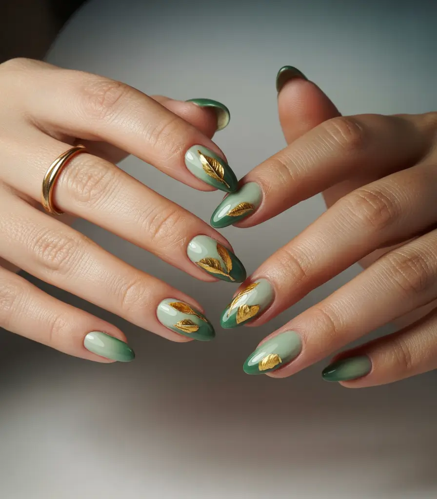 fall nails oval shape 2025 Leaf Luxe in Olive Tones