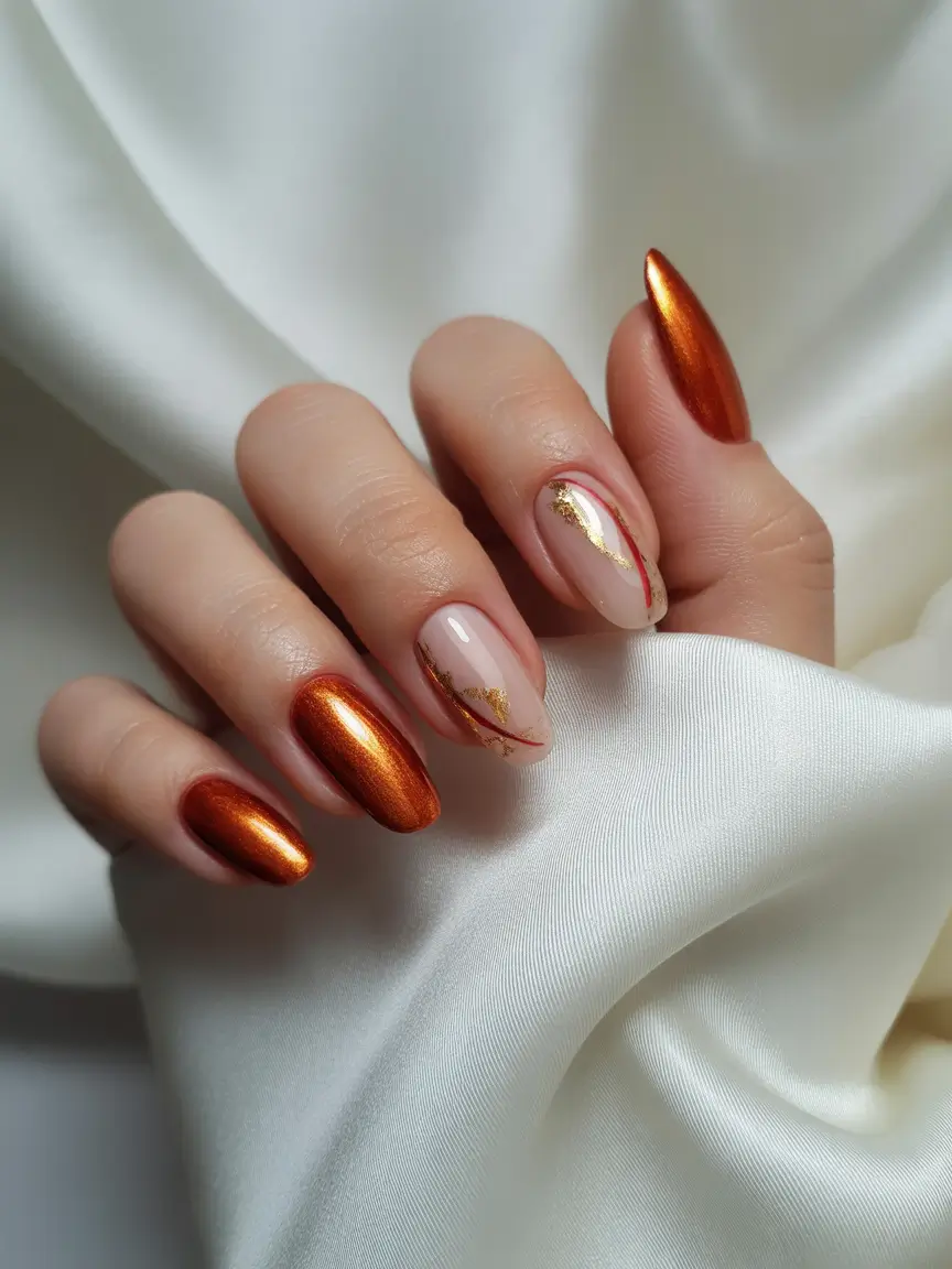 fall nails oval shape 2025 Molten Spice Chrome