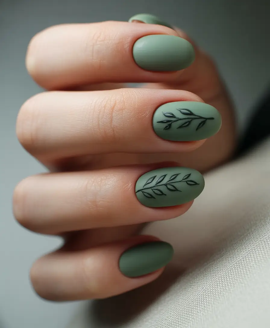 fall nails oval shape 2025 Mossy Matte with a Sketchy Twist
