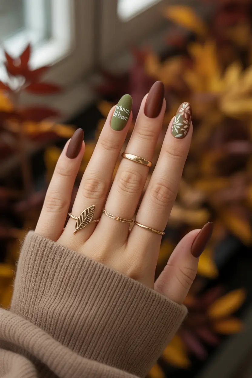 fall nails oval shape Moody Autumn Blooms