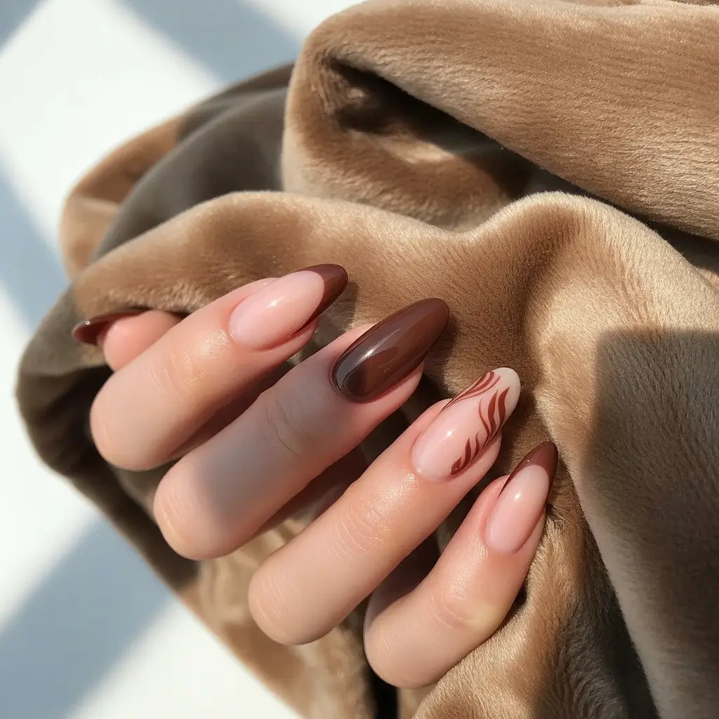 fall nails oval shape Coffee Swirls and Caramel Cream